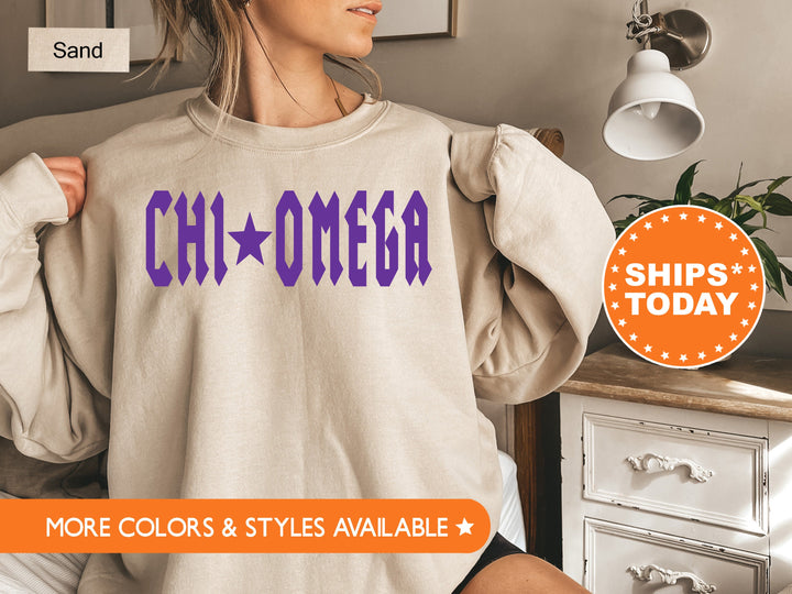 Chi Omega Rock N Roll Sorority Sweatshirt | Chi O Greek Sweatshirt | Sorority Merch | Big Little Sorority Gift | College Apparel _ 5594g