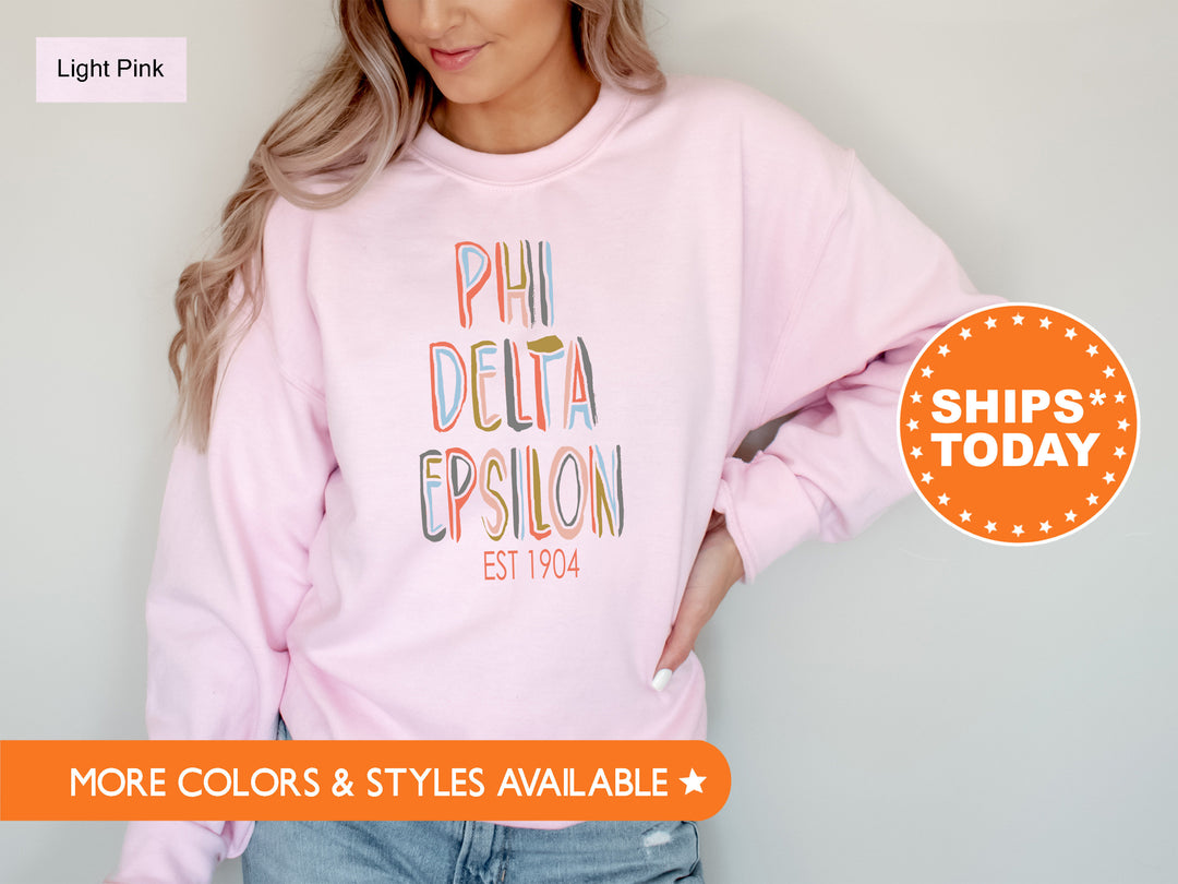 Phi Delta Epsilon Pastel Stencil Coed Sweatshirt | PhiDE Sweatshirt | Medical Fraternity Hoodie | Coed Fraternity | Greek Apparel _ 8841g