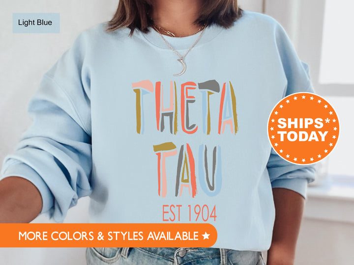 Theta Tau Pastel Stencil Coed Sweatshirt | Theta Tau Sweatshirt | Engineering Fraternity | College Greek Apparel | Coed Fraternity  _ 8845g
