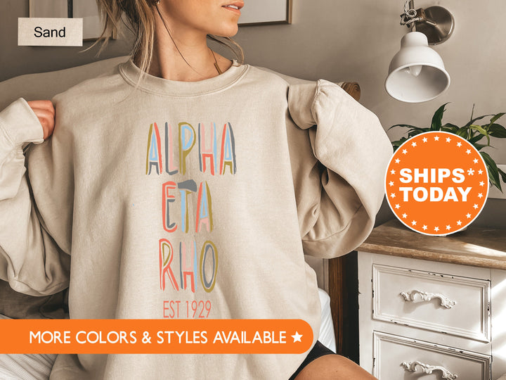 Alpha Eta Rho Pastel Stencil Sweatshirt | Alpha Eta Rho Sweatshirt | Bid Day Gift | College Apparel | Custom Greek Sweatshirt _ 8830g