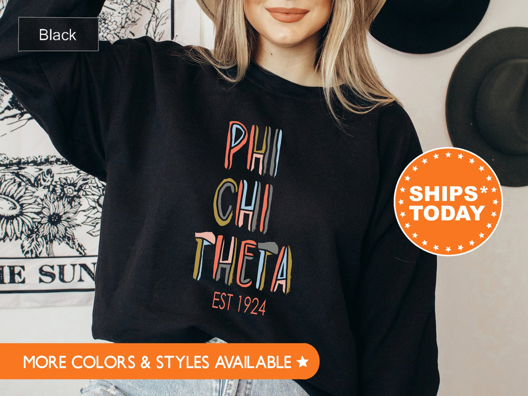 Phi Chi Theta Pastel Stencil Coed Sweatshirt | Phi Chi Theta Sweatshirt | Coed Fraternity | Bid Day Gift | Business Fraternity _ 8840g