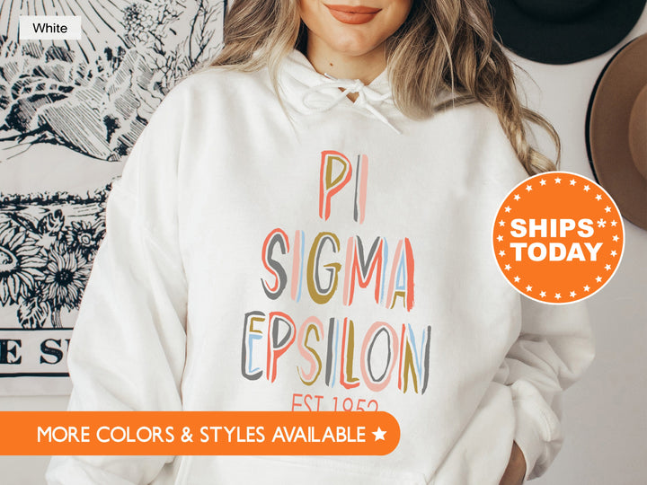 Pi Sigma Epsilon Pastel Stencil Coed Sweatshirt | Pi Sigma Epsilon Sweatshirt | Coed Fraternity Hoodie | PSE Society Greek Apparel _ 8843g