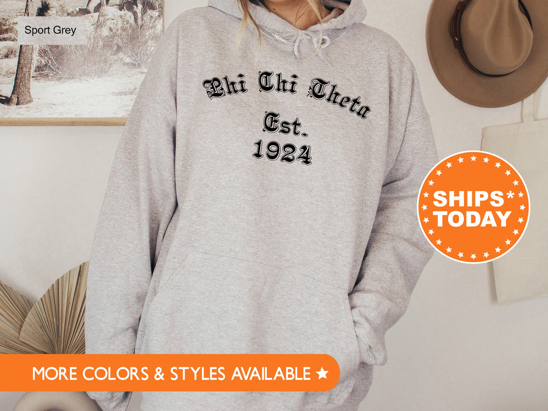 Phi Chi Theta Old English Coed Sweatshirt | Phi Chi Theta Hoodie | Coed Fraternity Sweatshirt | Bid Day Gifts | Custom Greek Apparel _ 8824g