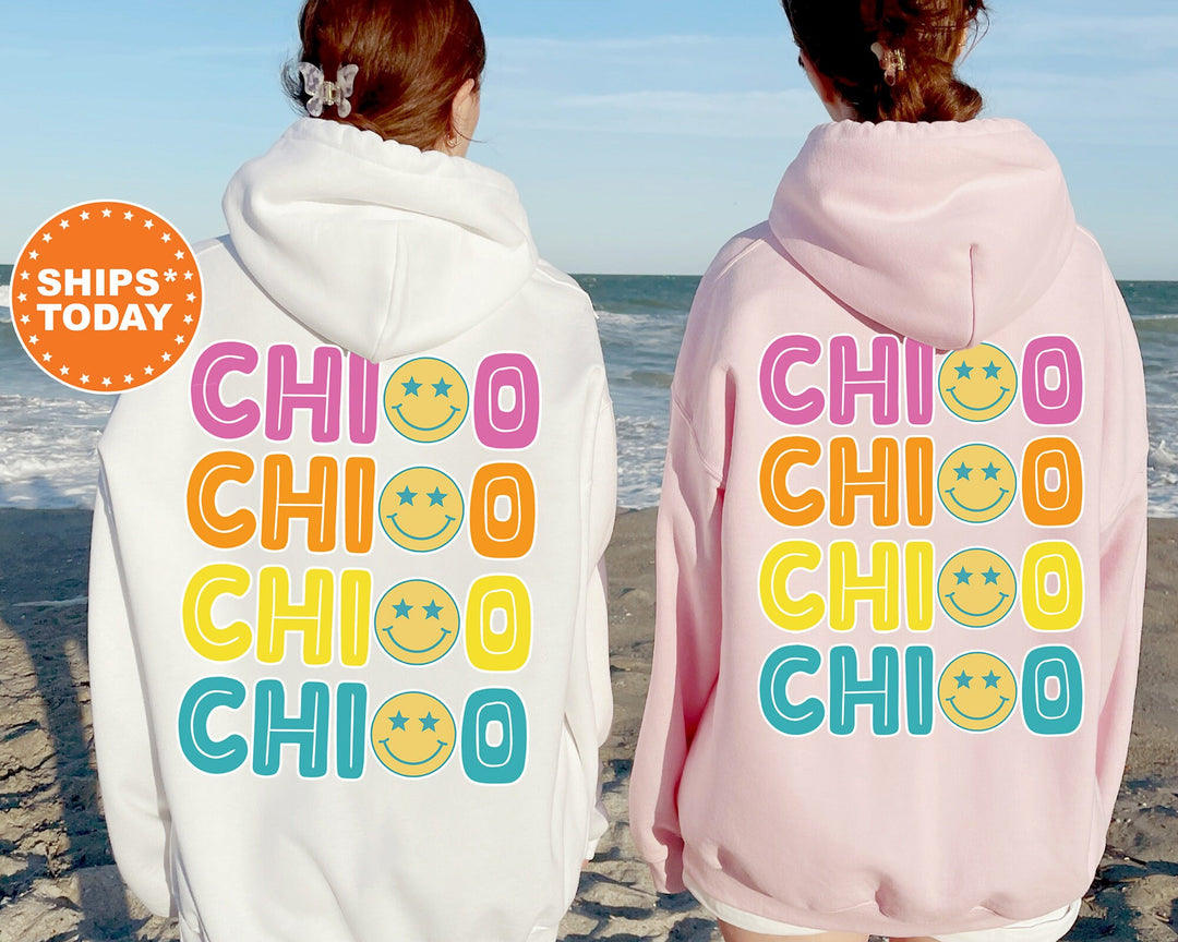 Chi Omega Colorful Smiley Sorority Sweatshirt | Chi Omega Sweatshirt | Chi O Sorority Hoodie | Big Little Reveal | Sorority Apparel