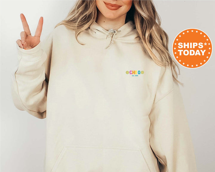 Chi Omega Colorful Smiley Sorority Sweatshirt | Chi Omega Sweatshirt | Chi O Sorority Hoodie | Big Little Reveal | Sorority Apparel