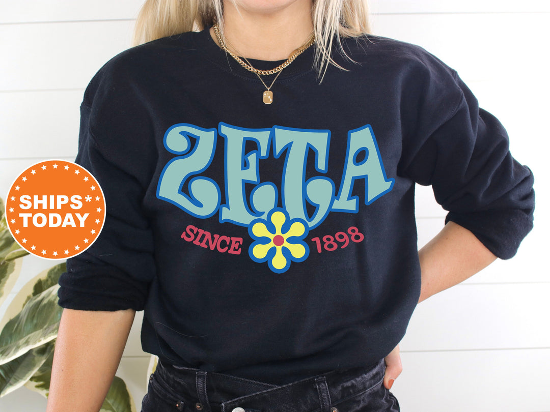 Zeta Tau Alpha Outlined In Blue Sorority Sweatshirt | Zeta Hoodie | Zeta Floral Sweatshirt | Sorority Gifts | Big Little Reveal