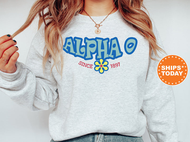 Alpha Omicron Pi Outlined In Blue Sorority Sweatshirt | Alpha O Hoodie | AOPi Sorority Letters | Floral Sweatshirt | Big Little Gift