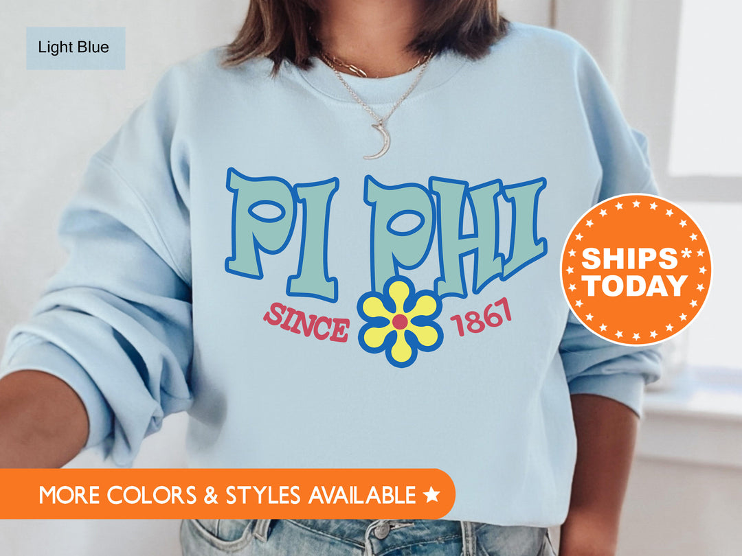 Pi Beta Phi Outlined In Blue Sorority Sweatshirt | Pi Phi Hoodie | Pi Phi Floral Sweatshirt | Sorority Apparel | Big Little Sorority