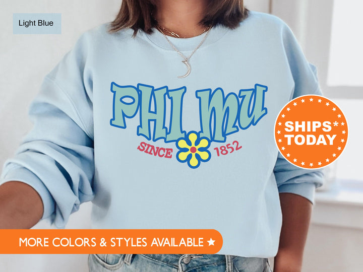 Phi Mu Outlined In Blue Sorority Sweatshirt | Phi Mu Hoodie |  Phi Mu Floral Sweatshirt | Big Little Reveal Gift | Initiation Gift _ 7844g