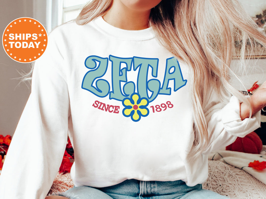 Zeta Tau Alpha Outlined In Blue Sorority Sweatshirt | Zeta Hoodie | Zeta Floral Sweatshirt | Sorority Gifts | Big Little Reveal