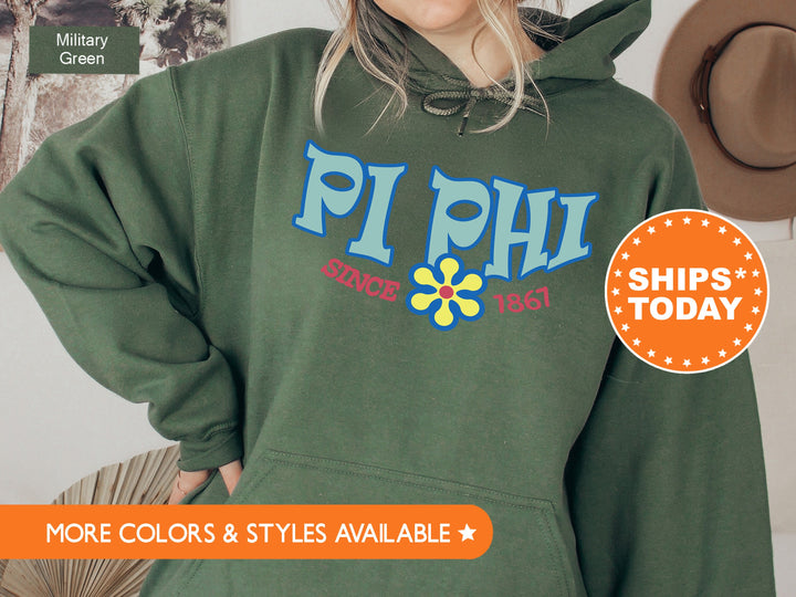 Pi Beta Phi Outlined In Blue Sorority Sweatshirt | Pi Phi Hoodie | Pi Phi Floral Sweatshirt | Sorority Apparel | Big Little Sorority