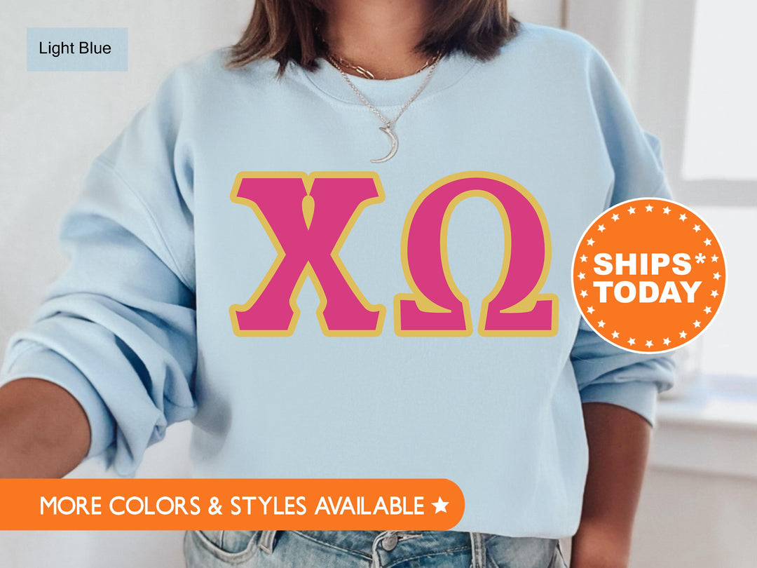 Chi Omega Pink and Gold Sorority Sweatshirt | Chi Omega Sweatshirt | XO Greek Letters | Chi Omega Hoodie | Chi O Big Little Reveal