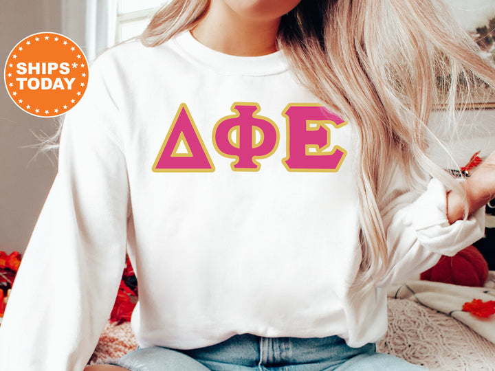 Delta Phi Epsilon Pink and Gold Sorority Sweatshirt | Delta Phi Epsilon Sweatshirt | DPHIE Greek Letters | DPHIE Merch | Big Little