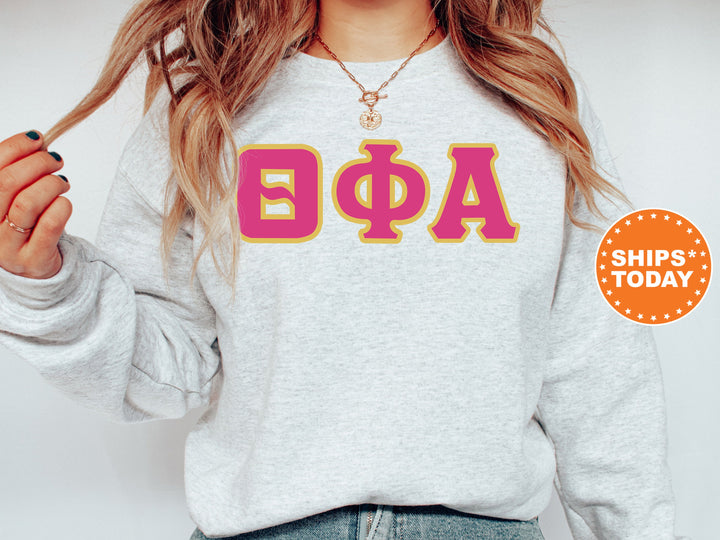 Theta Phi Alpha Pink and Gold Sorority Sweatshirt | Theta Phi Alpha Sweatshirt | Theta Phi Greek Letters Hoodie | Big Little Reveal