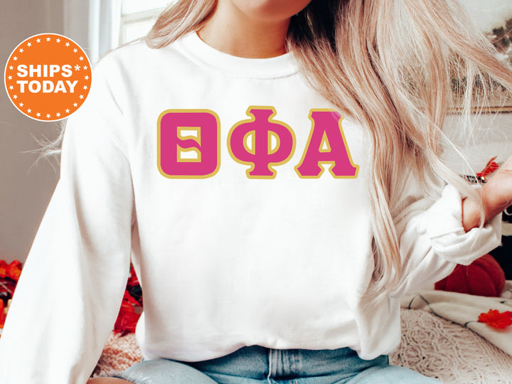 Theta Phi Alpha Pink and Gold Sorority Sweatshirt | Theta Phi Alpha Sweatshirt | Theta Phi Greek Letters Hoodie | Big Little Reveal