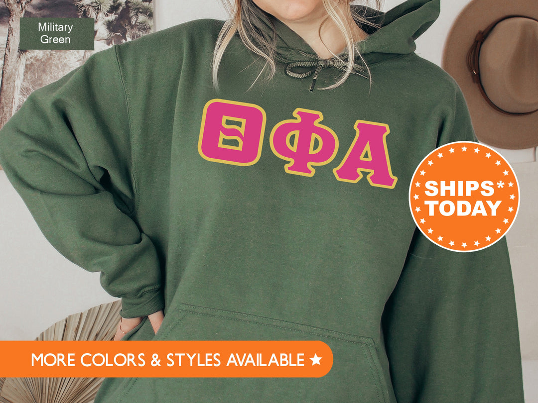 Theta Phi Alpha Pink and Gold Sorority Sweatshirt | Theta Phi Alpha Sweatshirt | Theta Phi Greek Letters Hoodie | Big Little Reveal