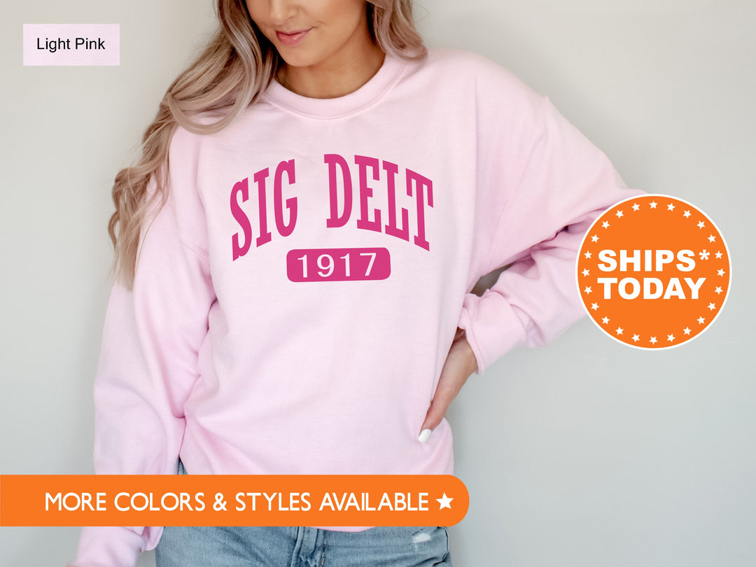 Sigma Delta Tau Pink Baseball Sorority Sweatshirt | Sigma Delta Tau Hoodie | Sorority Hoodie | Big Little Reveal | Greek Apparel