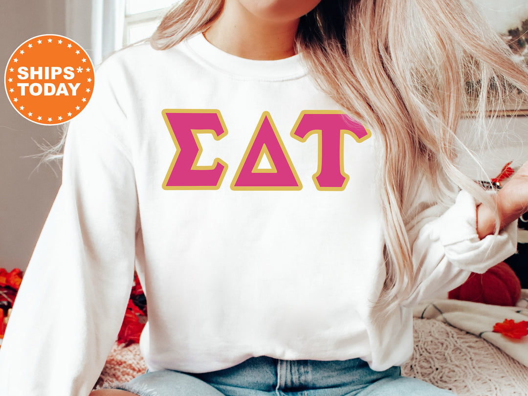 Sigma Delta Tau Pink and Gold Sorority Sweatshirt | Sigma Delta Tau Sweatshirt | Sig Delt Greek Letter | Sig Delt Merch | Big Little