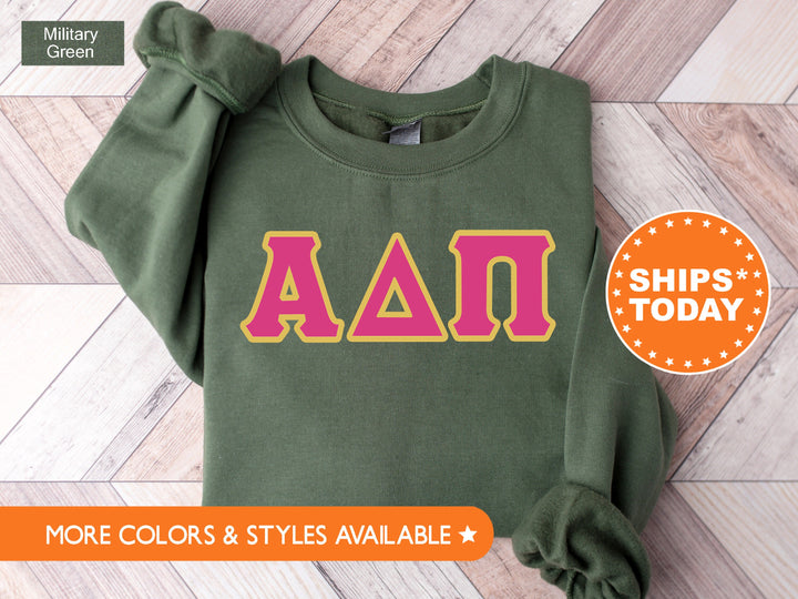 Alpha Delta Pi Pink and Gold Sorority Sweatshirt | Alpha Delta Pi Sweatshirt | ADPi Greek Letters | Alpha Delta Pi Merch