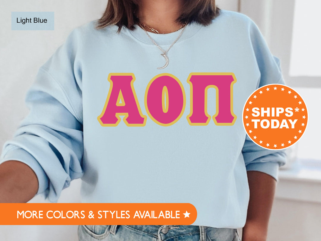 Alpha Omicron Pi Pink and Gold Sorority Sweatshirt | Alpha Omicron Pi  Sweatshirt | Alpha O Merch | AOPi Greek Letters | Big Little