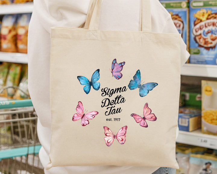 Sigma Delta Tau Fancy Butterfly Sorority Tote Bag | Sig Delt Beach Bag | Sig Delt Sorority Bag | Big Little Gifts | Sorority Merch _ 15152g