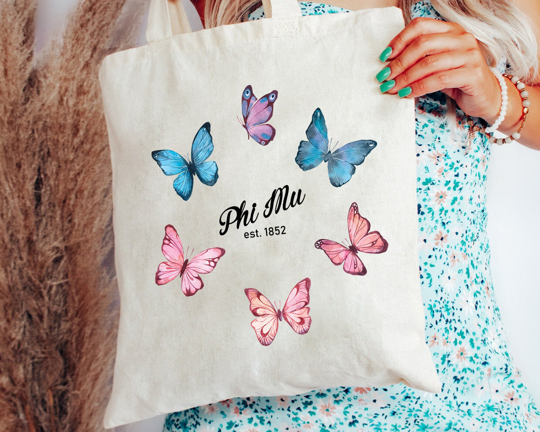 Phi Mu Fancy Butterfly Sorority Tote Bag | Phi Mu Beach Bag | Phi Mu Sorority Bag | Big Little Sorority Gifts | Sorority Merch _ 15149g