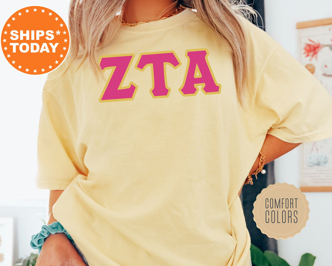 Zeta Tau Alpha Pink And Gold Comfort Colors Sorority T-Shirt | ZETA Oversized Shirt | ZETA Greek Letters Shirt | College Apparel _ 5285g