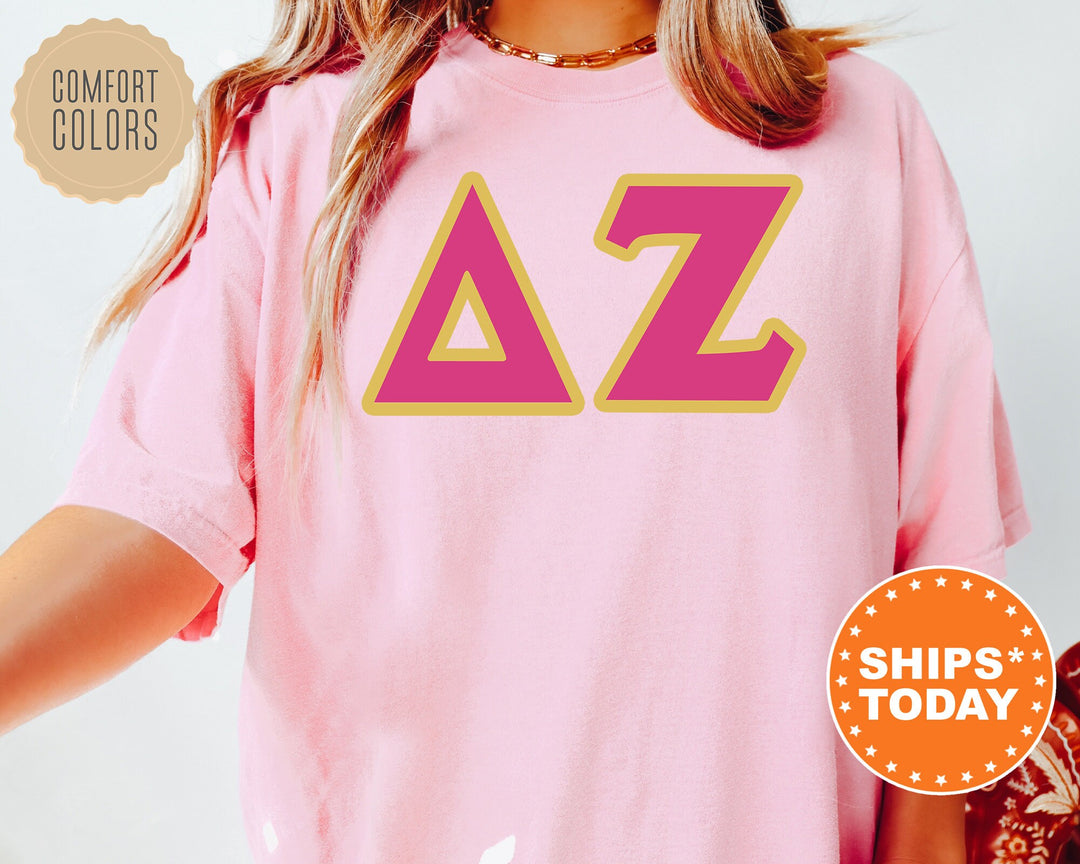 Delta Zeta Pink And Gold Comfort Colors Sorority T-Shirt | Dee Zee Oversized Shirt | Greek Letters Shirt | College Apparel | Bid Day _ 5273g