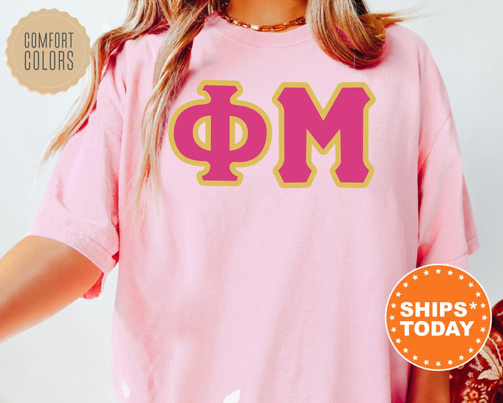 Phi Mu Pink And Gold Comfort Colors Sorority T-Shirt | Phi Mu Oversized Shirt | Greek Letters Shirt | College Apparel | Big Little _ 5278g
