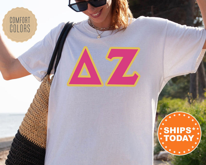 Delta Zeta Pink And Gold Comfort Colors Sorority T-Shirt | Dee Zee Oversized Shirt | Greek Letters Shirt | College Apparel | Bid Day _ 5273g