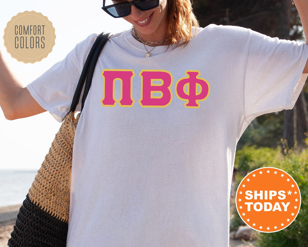 Pi Beta Phi Pink And Gold Comfort Colors Sorority T-Shirt | Pi Phi Oversized Shirt | Greek Letters Shirt | College Apparel | Bid Day _ 5280g