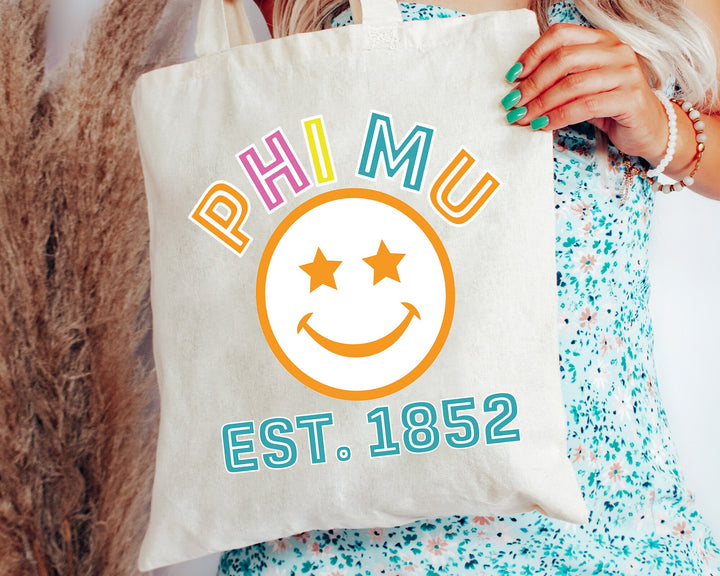 Phi Mu Smirkle Sorority Tote Bag | Phi Mu Beach Bag | Phi Mu Sorority Bag | Sorority Gifts | Sorority Merch | Big Little Gift _ 15227g