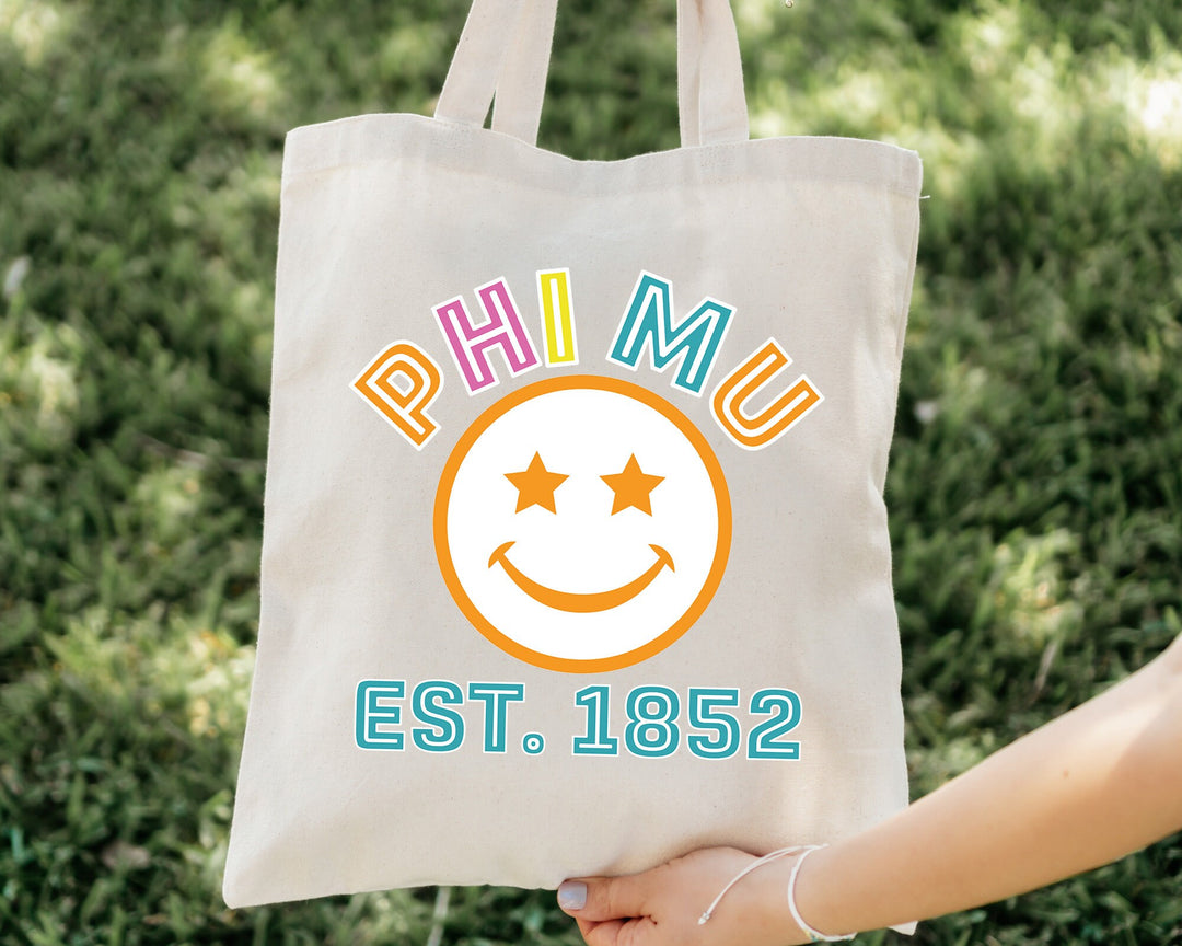 Phi Mu Smirkle Sorority Tote Bag | Phi Mu Beach Bag | Phi Mu Sorority Bag | Sorority Gifts | Sorority Merch | Big Little Gift _ 15227g