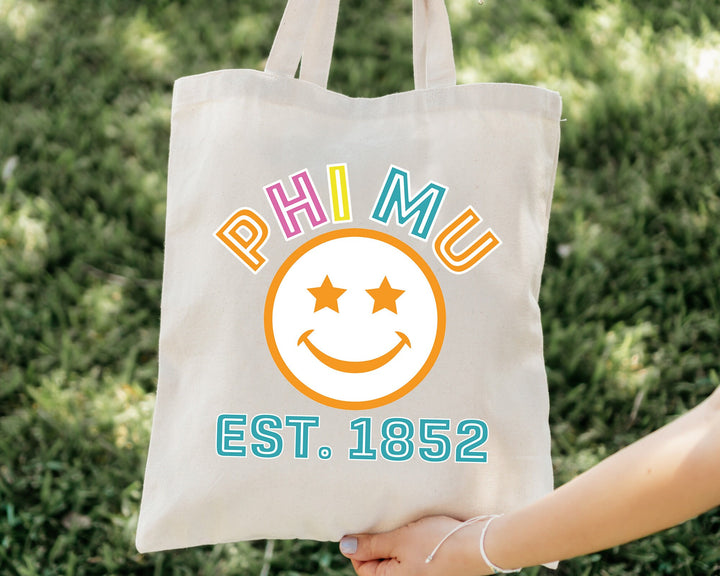 Phi Mu Smirkle Sorority Tote Bag | Phi Mu Beach Bag | Phi Mu Sorority Bag | Sorority Gifts | Sorority Merch | Big Little Gift _ 15227g