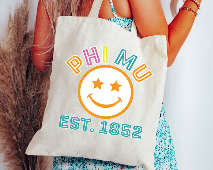 Phi Mu Smirkle Sorority Tote Bag | Phi Mu Beach Bag | Phi Mu Sorority Bag | Sorority Gifts | Sorority Merch | Big Little Gift _ 15227g