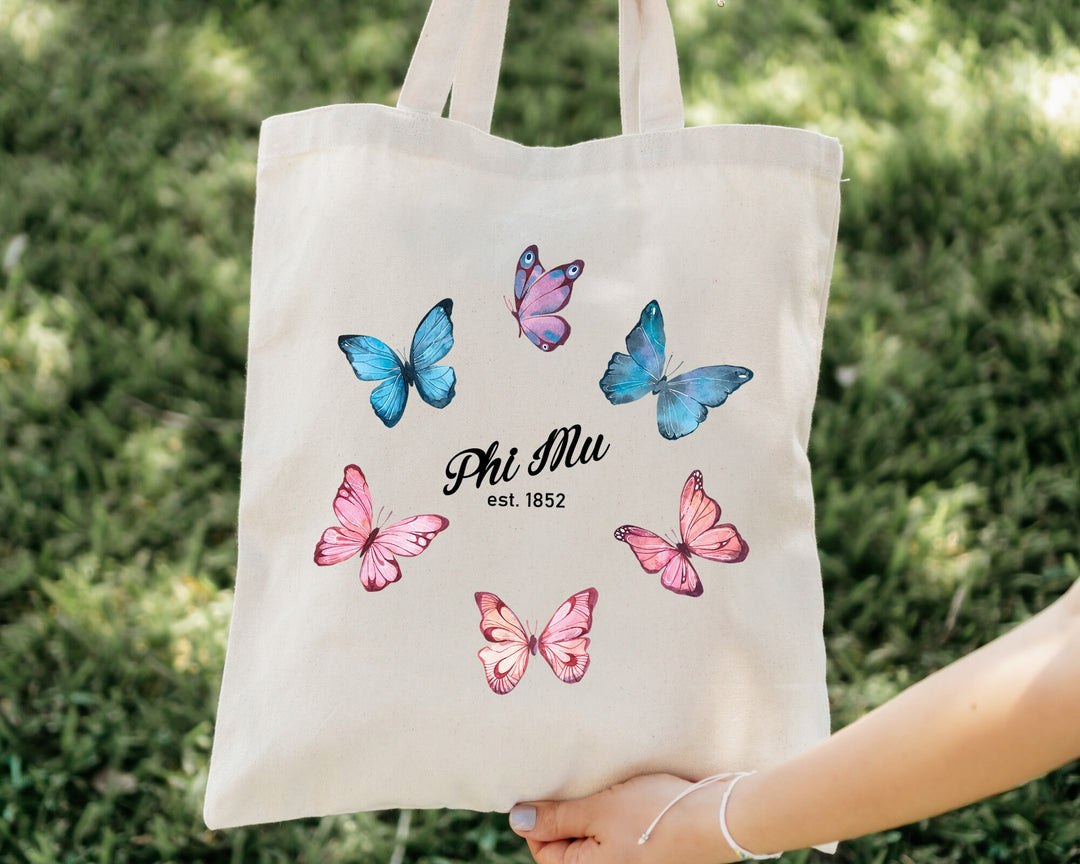 Phi Mu Fancy Butterfly Sorority Tote Bag | Phi Mu Beach Bag | Phi Mu Sorority Bag | Big Little Sorority Gifts | Sorority Merch _ 15149g