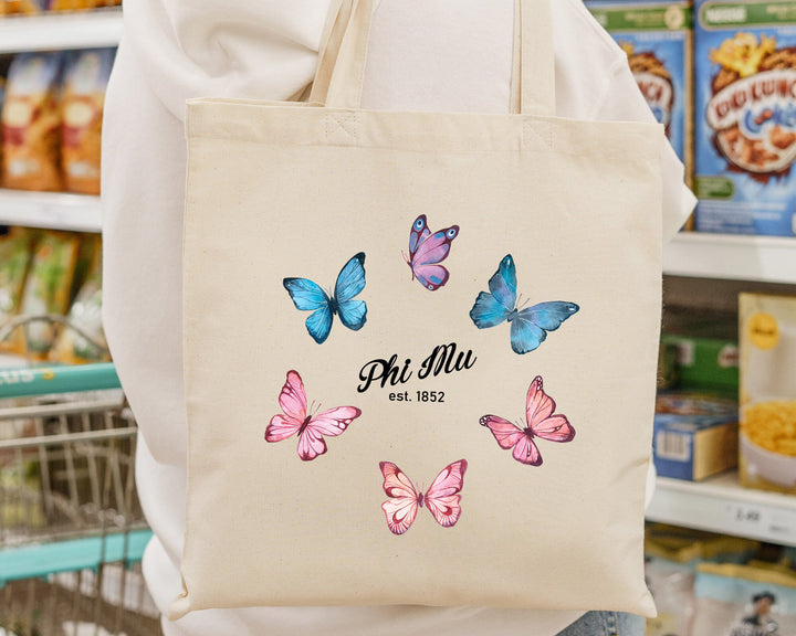 Phi Mu Fancy Butterfly Sorority Tote Bag | Phi Mu Beach Bag | Phi Mu Sorority Bag | Big Little Sorority Gifts | Sorority Merch _ 15149g