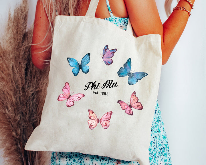 Phi Mu Fancy Butterfly Sorority Tote Bag | Phi Mu Beach Bag | Phi Mu Sorority Bag | Big Little Sorority Gifts | Sorority Merch _ 15149g