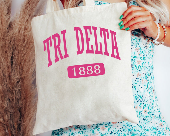 Delta Delta Delta Pink Baseball Sorority Tote Bag | Tri Delta Sorority Chapter Bag | Sorority Merch | Big Little Gifts | Beach Bag _ 15323g