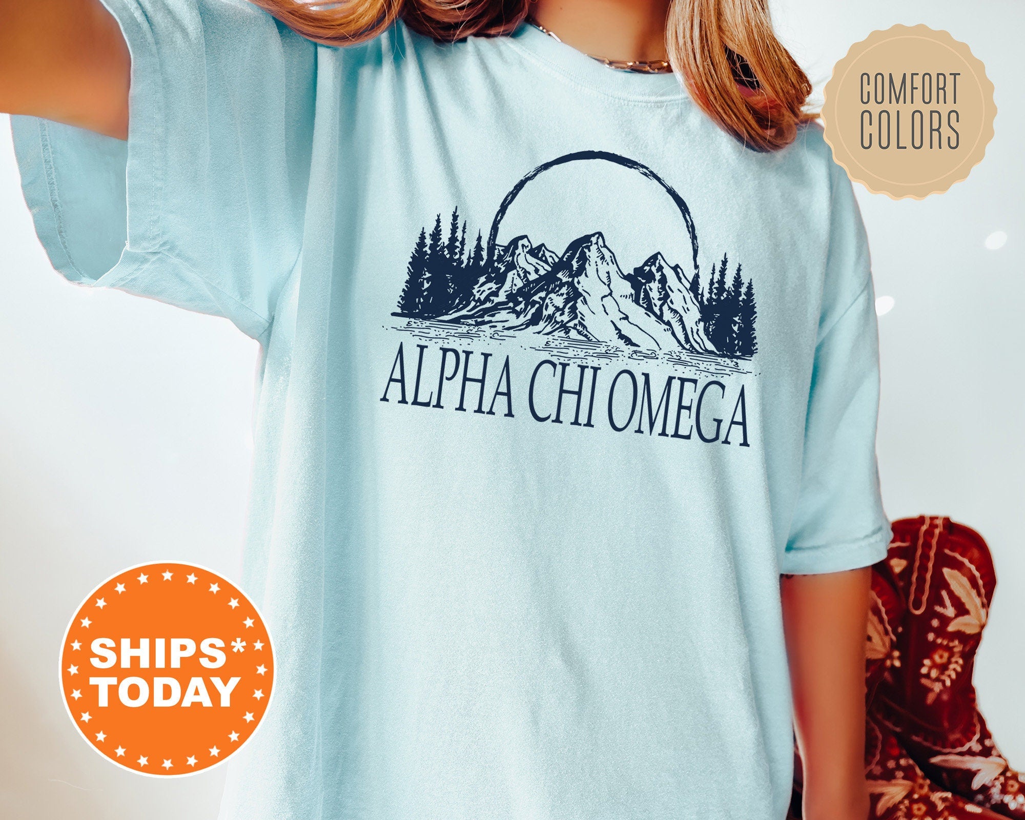 Alpha Chi Omega Summer Mountain Sorority T-Shirt | Alpha Chi Sorority Apparel | Big Little Shirt | College Apparel | Comfort Colors Shirt _ 5785g