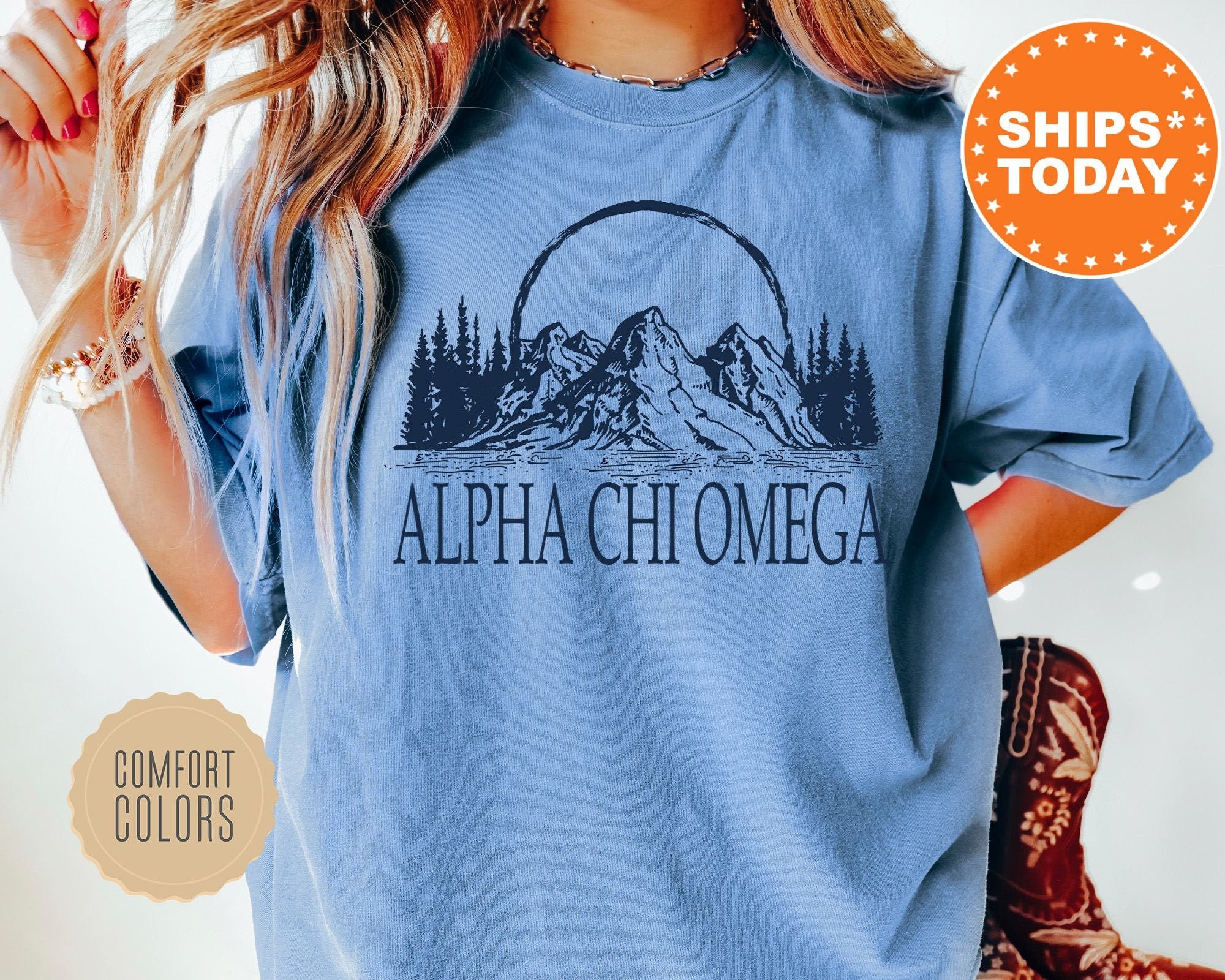 Alpha Chi Omega Summer Mountain Sorority T-Shirt | Alpha Chi Sorority Apparel | Big Little Shirt | College Apparel | Comfort Colors Shirt _ 5785g