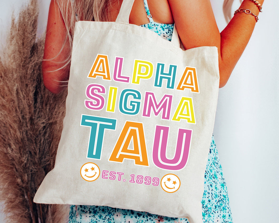 Alpha Sigma Tau Frisky Script Sorority Tote Bag | Sorority Beach Bag | Alpha Sigma Tau Tote Bag | Big Little Gift | Sorority Gifts _ 15190g