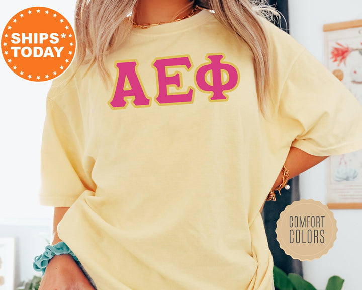 Alpha Epsilon Phi Pink And Gold Comfort Colors Sorority T-Shirt | AEPHI Oversized Shirt | Greek Letters Shirt | College Apparel _ 5262g