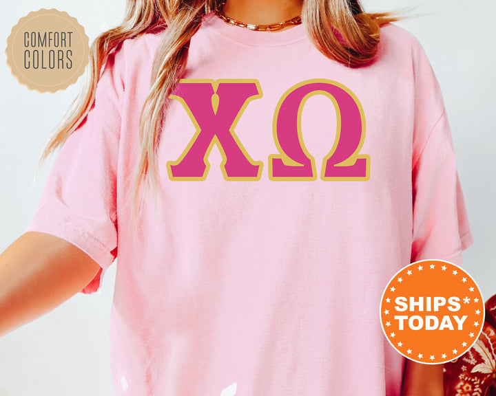 Chi Omega Pink And Gold Comfort Colors Sorority T-Shirt | Chi O Oversized Shirt | Greek Letters Shirt | College Apparel | Big Little _ 5269g