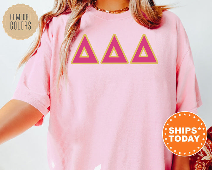 Delta Delta Delta Pink And Gold Comfort Colors Sorority T-Shirt | Tri Delta Oversized Shirt | Greek Letters Shirt | College Apparel _ 5270g