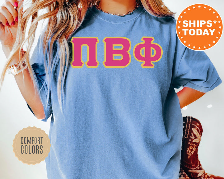 Pi Beta Phi Pink And Gold Comfort Colors Sorority T-Shirt | Pi Phi Oversized Shirt | Greek Letters Shirt | College Apparel | Bid Day _ 5280g