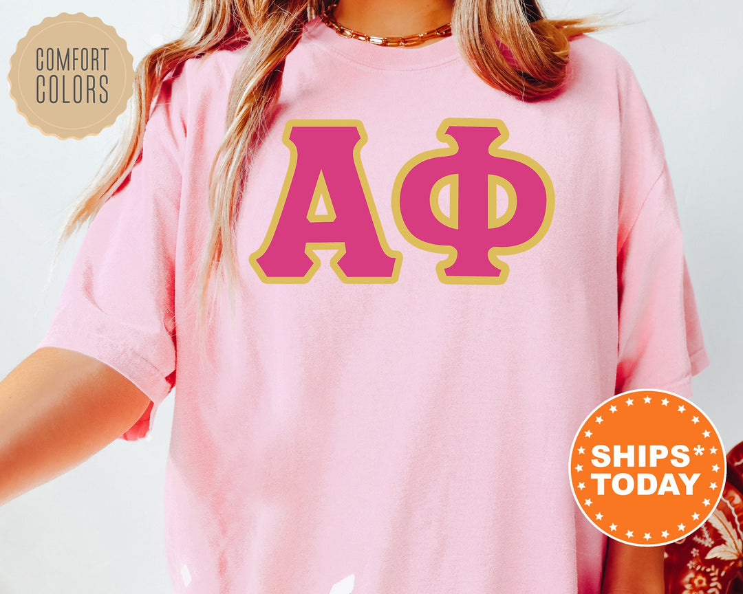 Alpha Phi Pink And Gold Comfort Colors Sorority T-Shirt | APHI Oversized Shirt | Greek Letters Shirt | College Apparel | Big Little _ 5265g