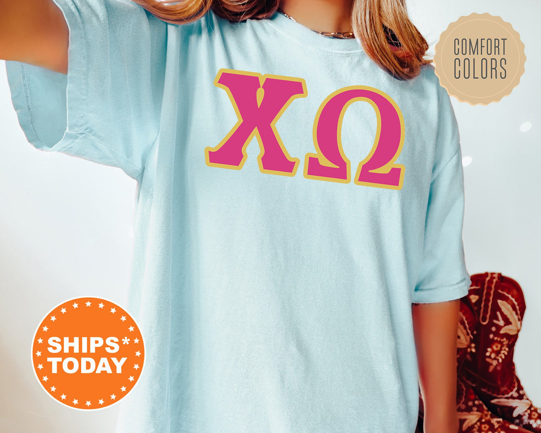 Chi Omega Pink And Gold Comfort Colors Sorority T-Shirt | Chi O Oversized Shirt | Greek Letters Shirt | College Apparel | Big Little _ 5269g