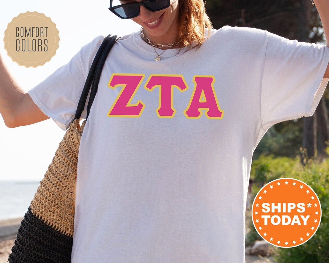 Zeta Tau Alpha Pink And Gold Comfort Colors Sorority T-Shirt | ZETA Oversized Shirt | ZETA Greek Letters Shirt | College Apparel _ 5285g