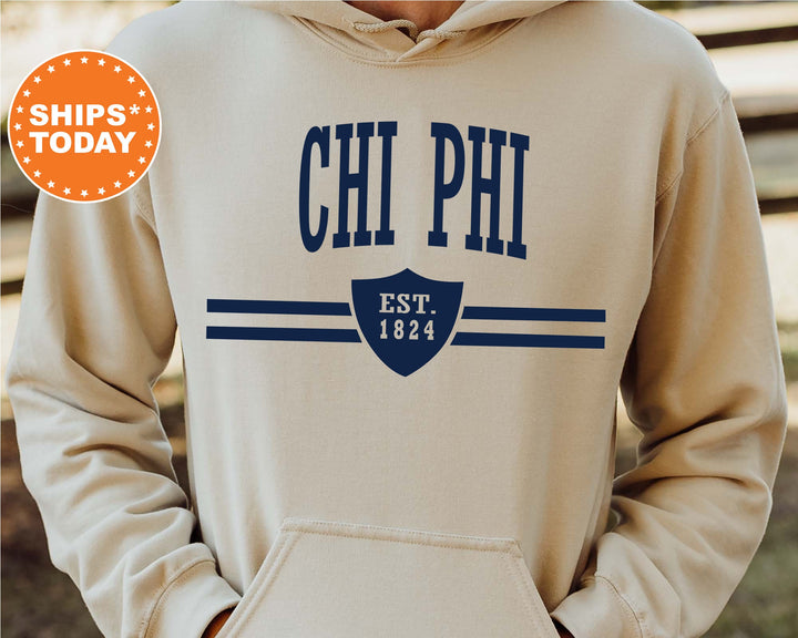 Chi Phi Striped Shield Fraternity Sweatshirt | Chi Phi Hoodie | Fraternity Apparel | Greek Life | Initiation Gift | Gift For Him _ 5897g